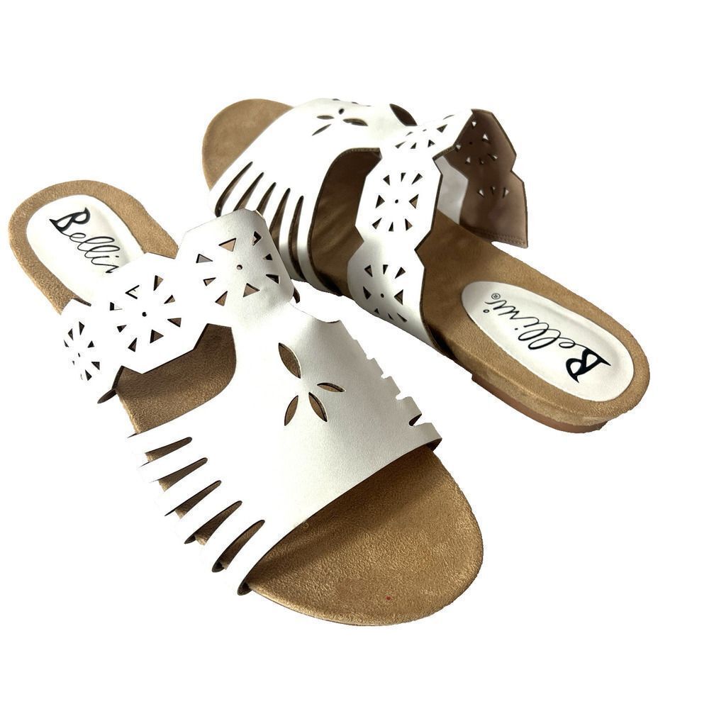 Bellini Sandals White Faux Leather Slip On Open Toe Flat Slide Womens Sz 11W New